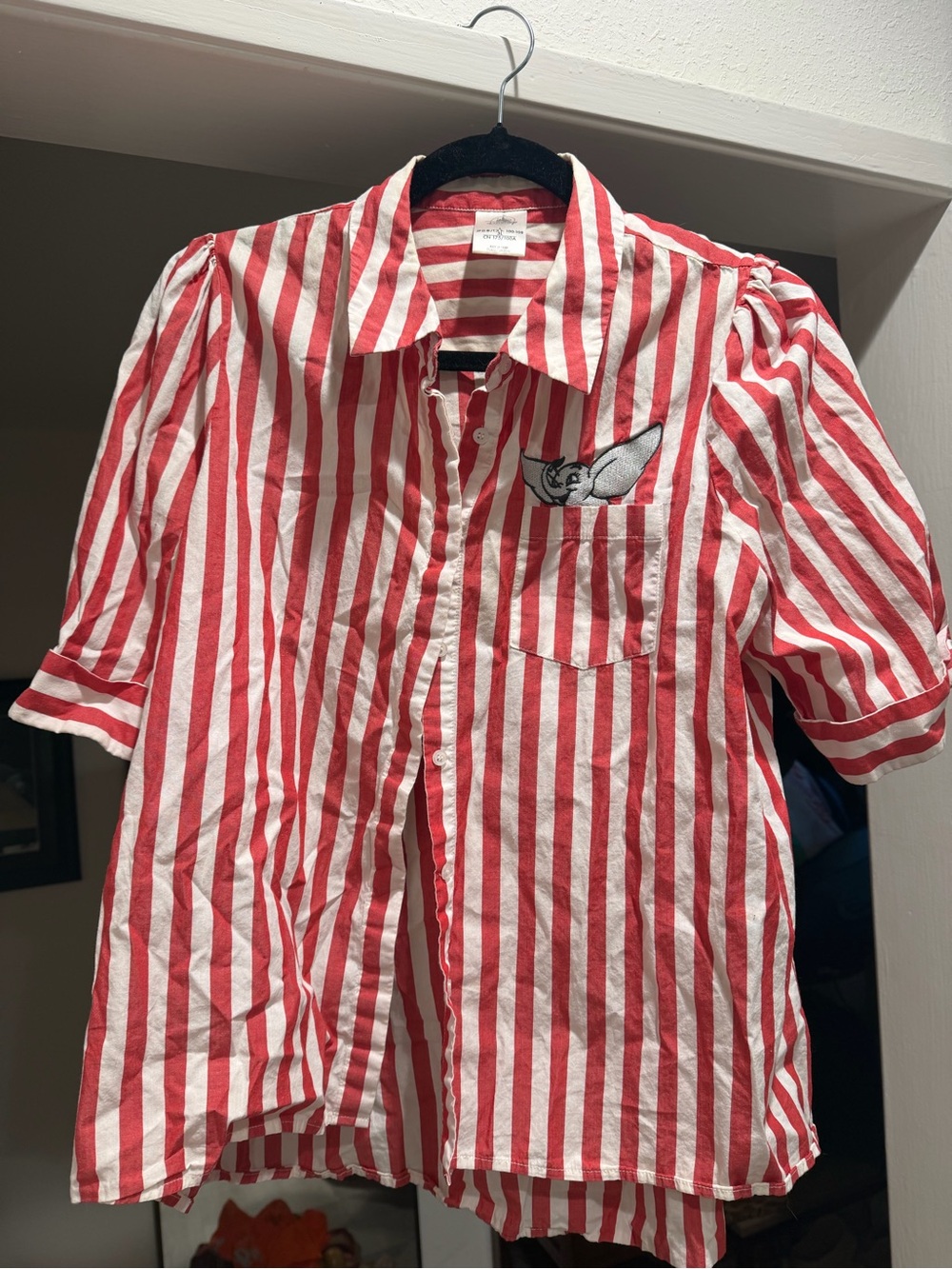 Red and White Striped Button-Up Shirt with Embroidered Dumbo